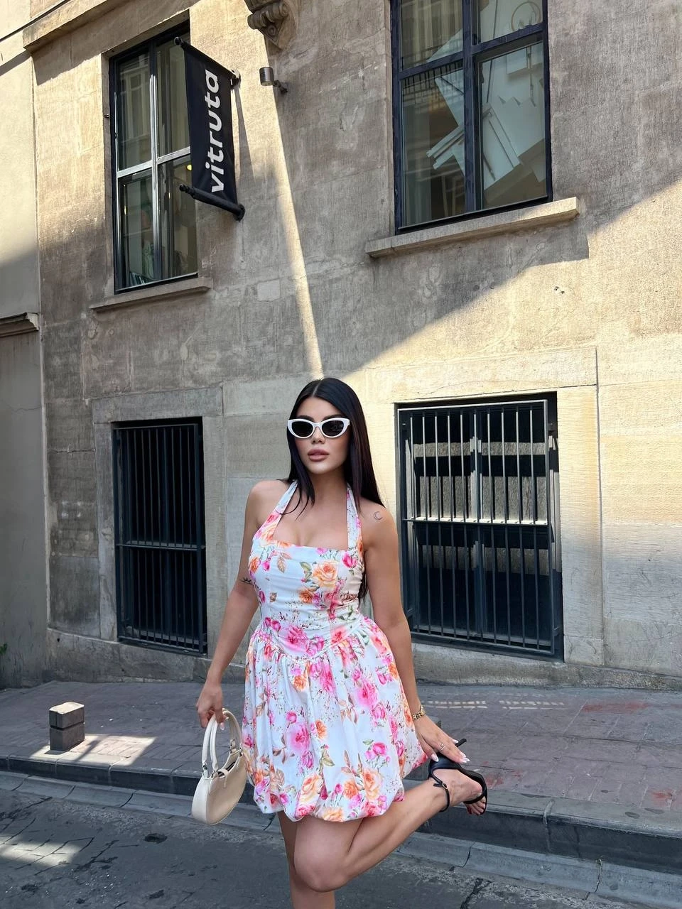 Çiçek Desenli Balon Mini Elbise