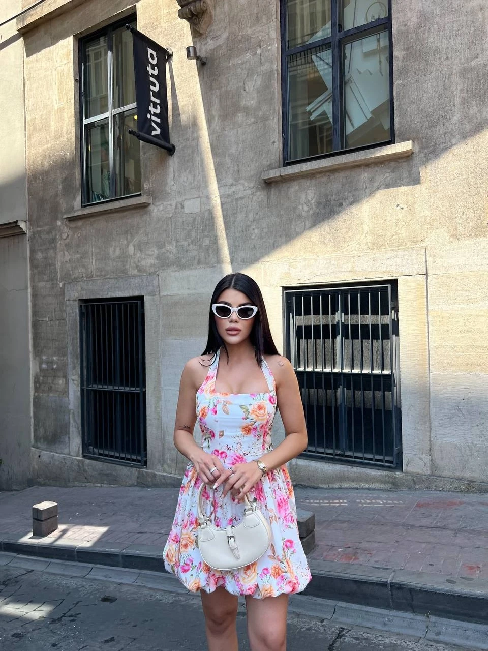 Çiçek Desenli Balon Mini Elbise