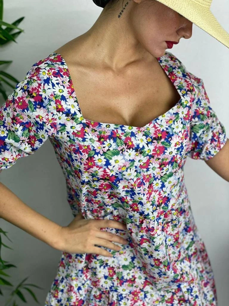 Çiçek Desenli Kısa Kol Mavi Poplin Elbise