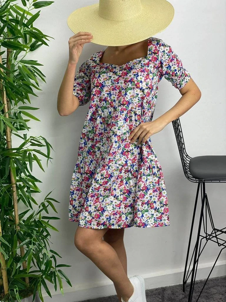 Çiçek Desenli Kısa Kol Mavi Poplin Elbise
