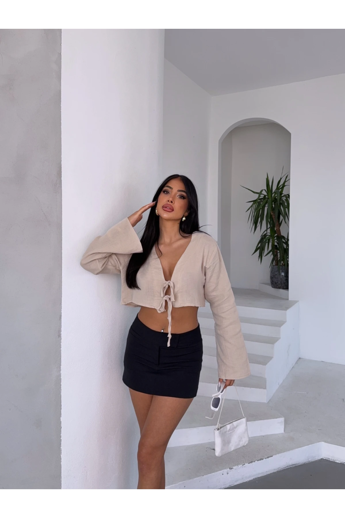 Çift Bağlama Detay Müslin Bluz Bej