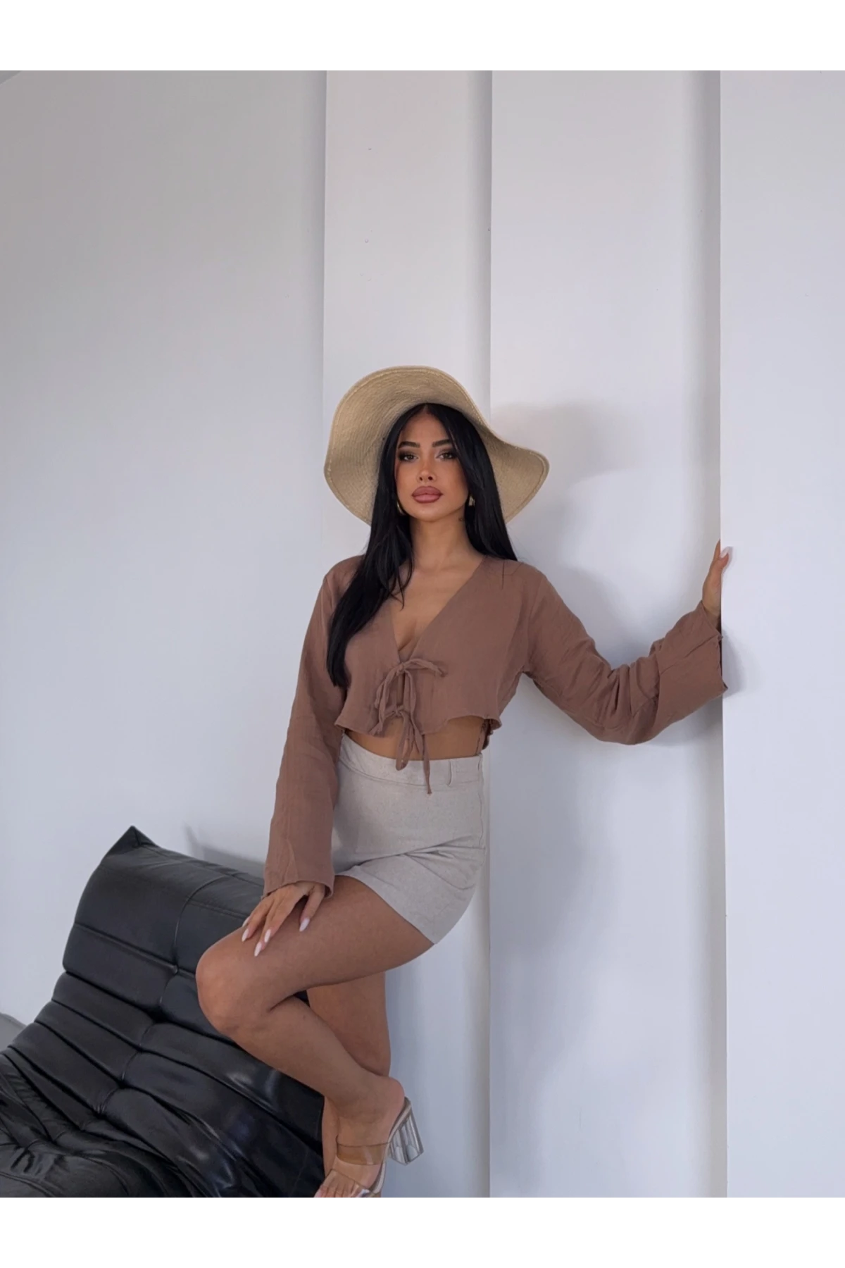 Çift Bağlama Detay Müslin Bluz Kahve