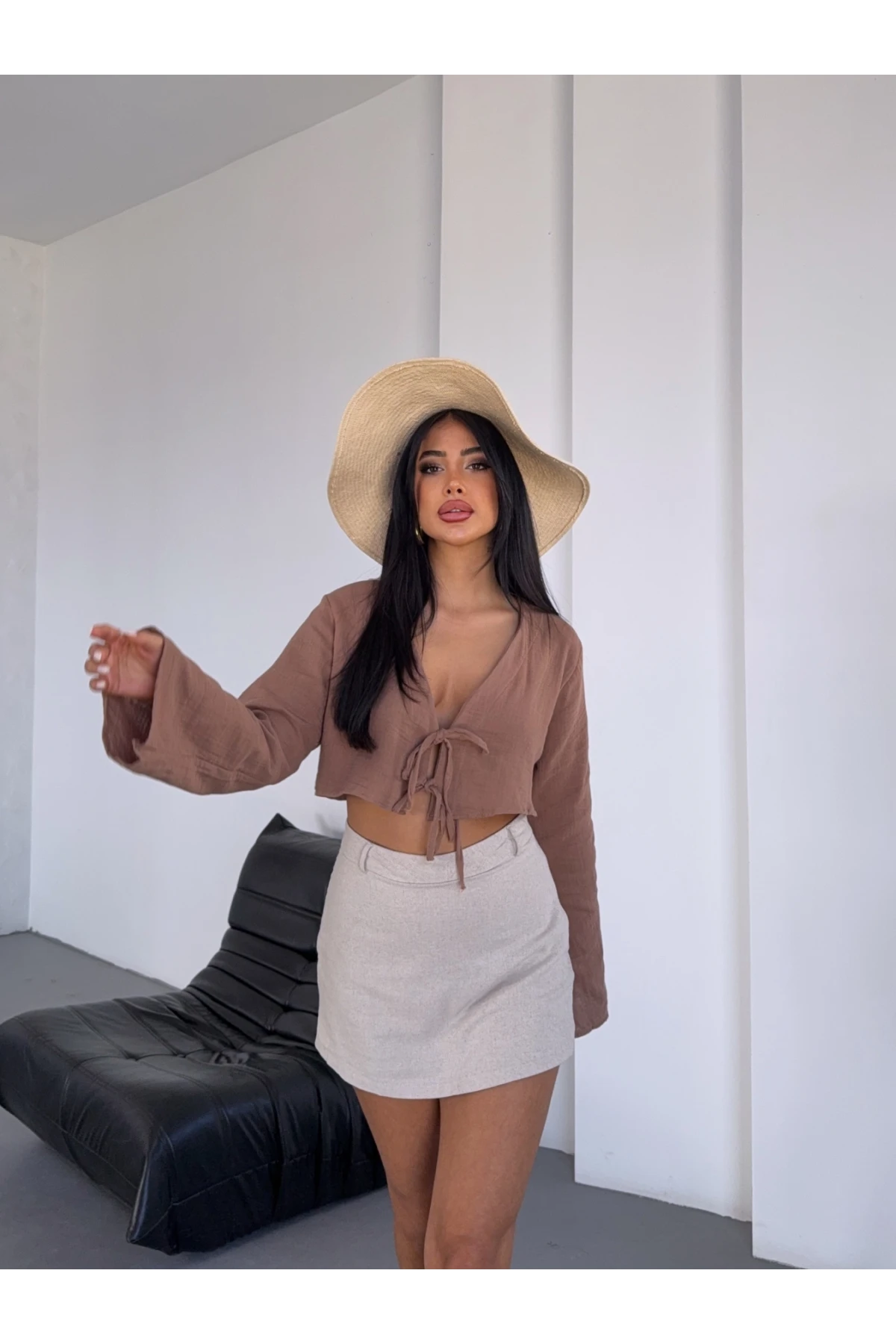 Çift Bağlama Detay Müslin Bluz Kahve