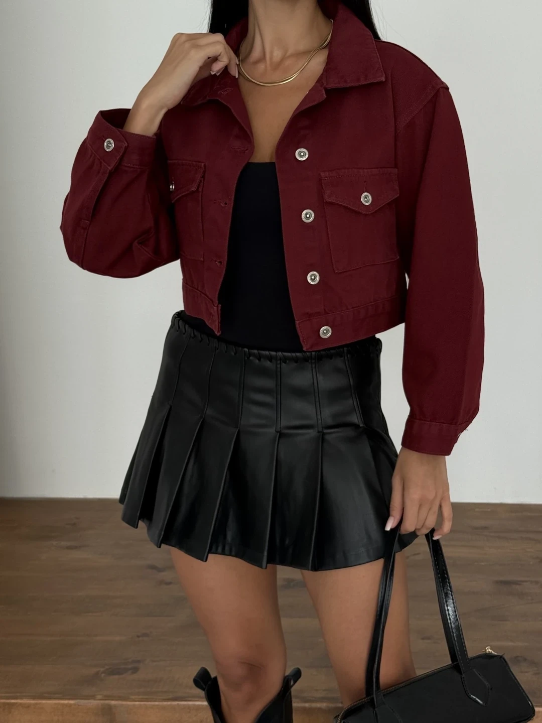 Çift Cep Denim Crop Ceket Bordo