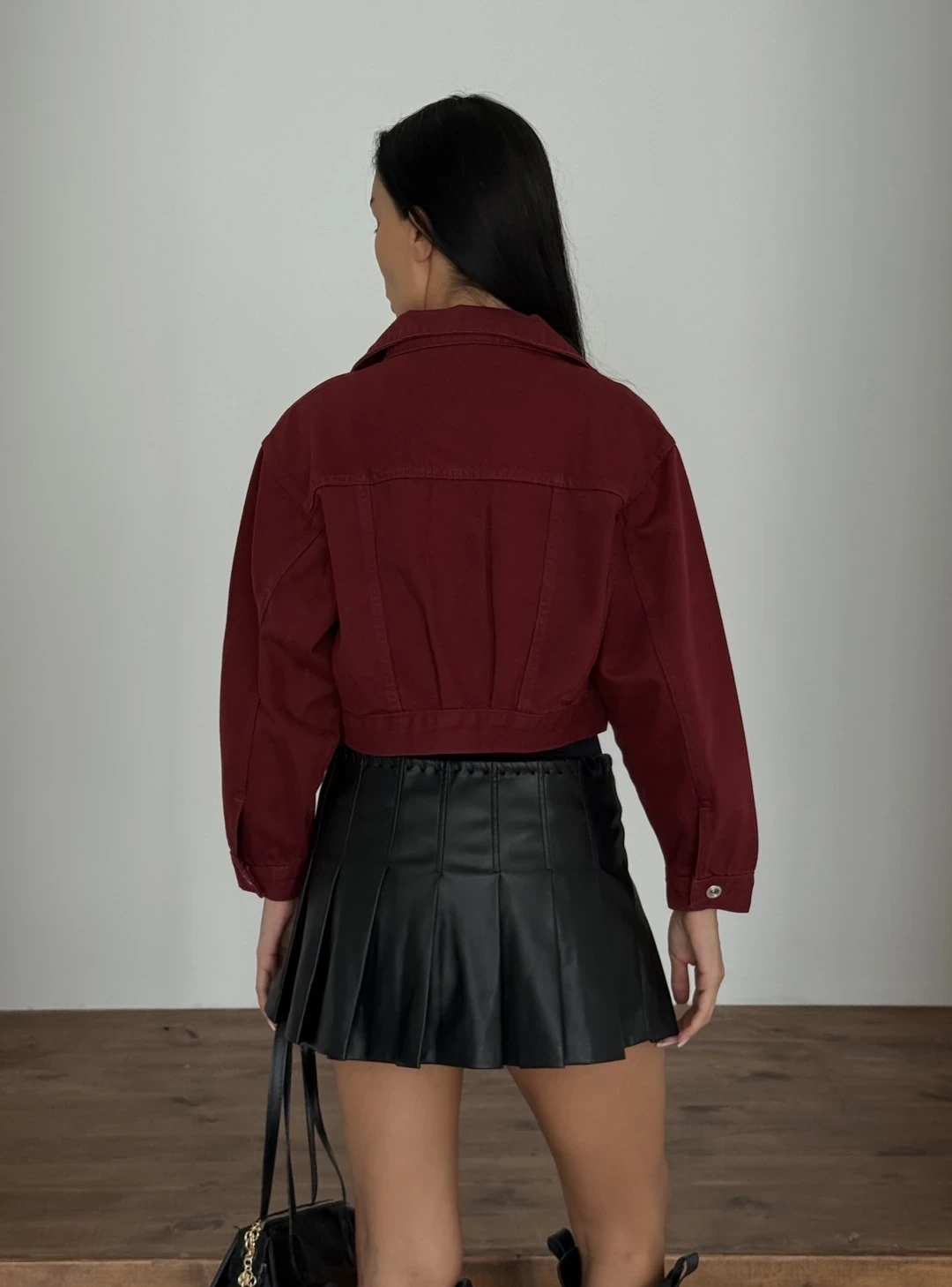 Çift Cep Denim Crop Ceket Bordo