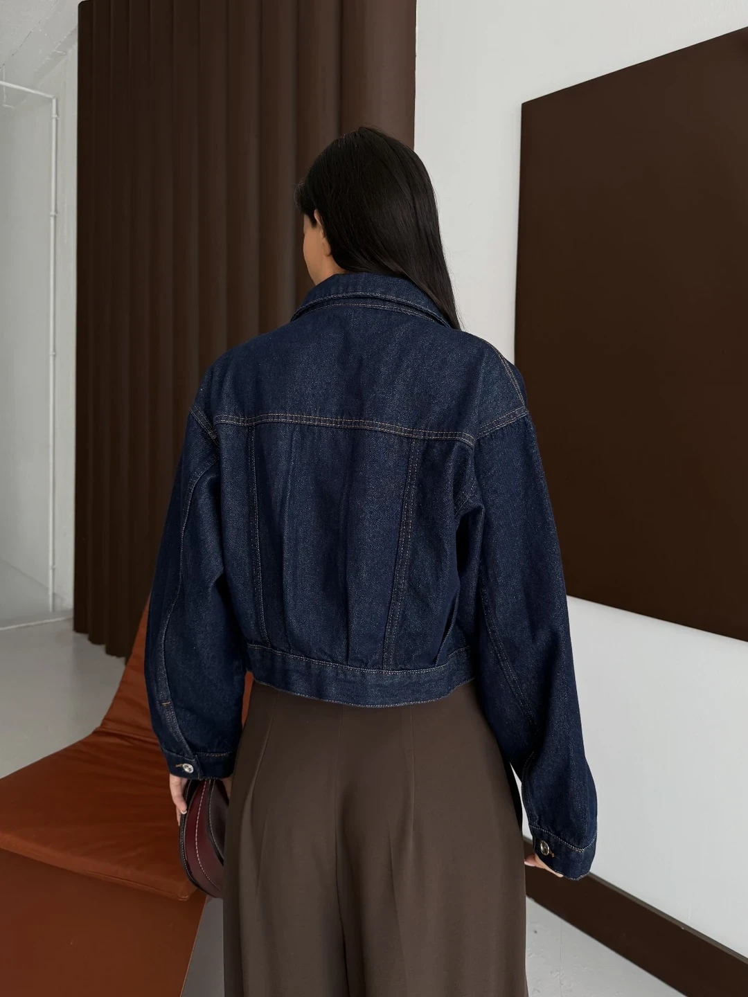 Çift Cep Denim Crop Ceket Lacivert