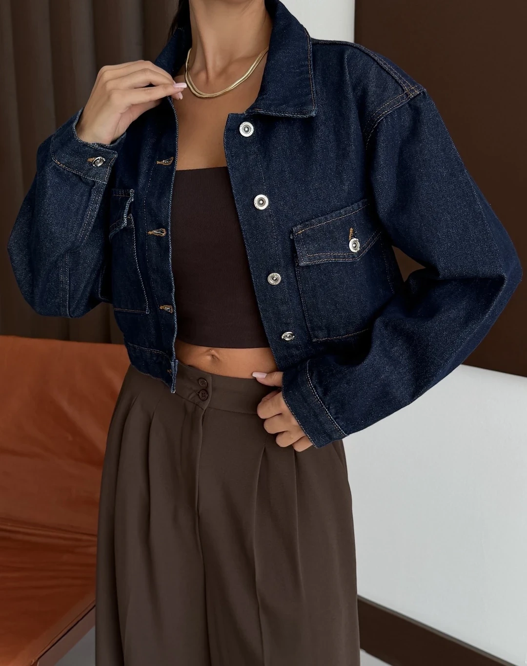 Çift Cep Denim Crop Ceket Lacivert