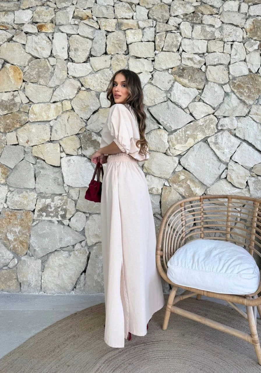 Crop Bluz ve Etek Alt Üst Takım Bej