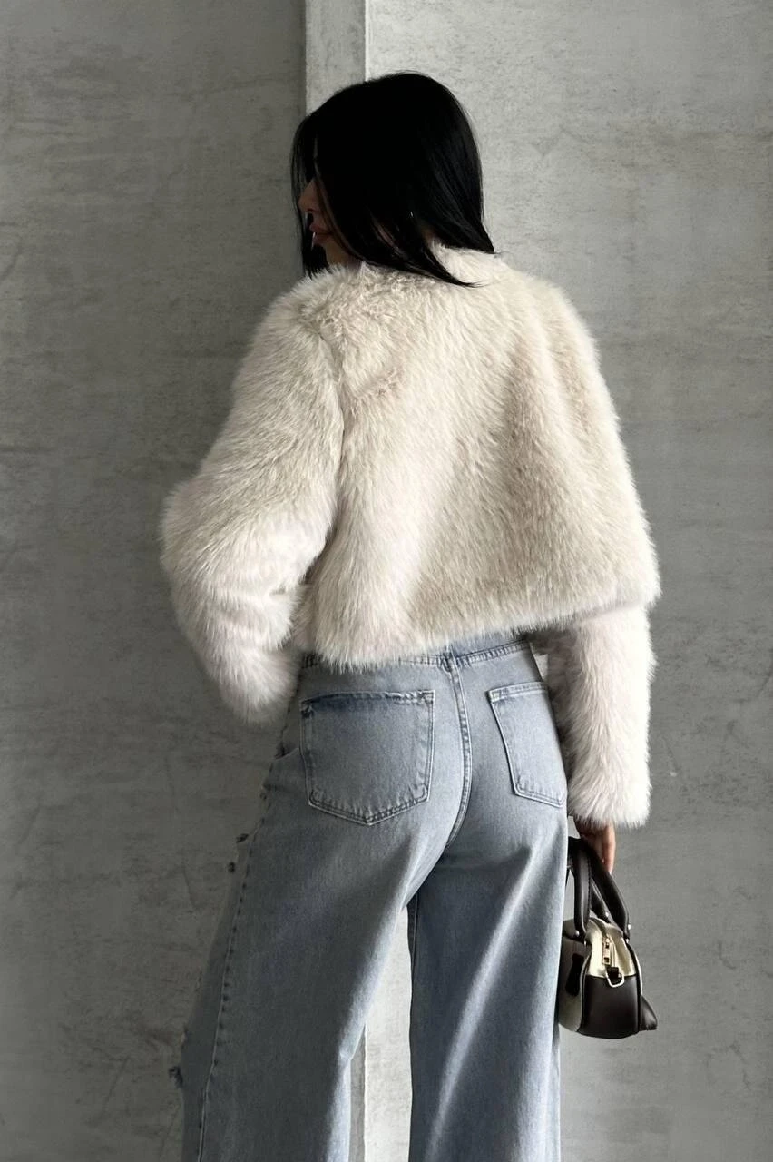 Crop Kürk Ceket Bej