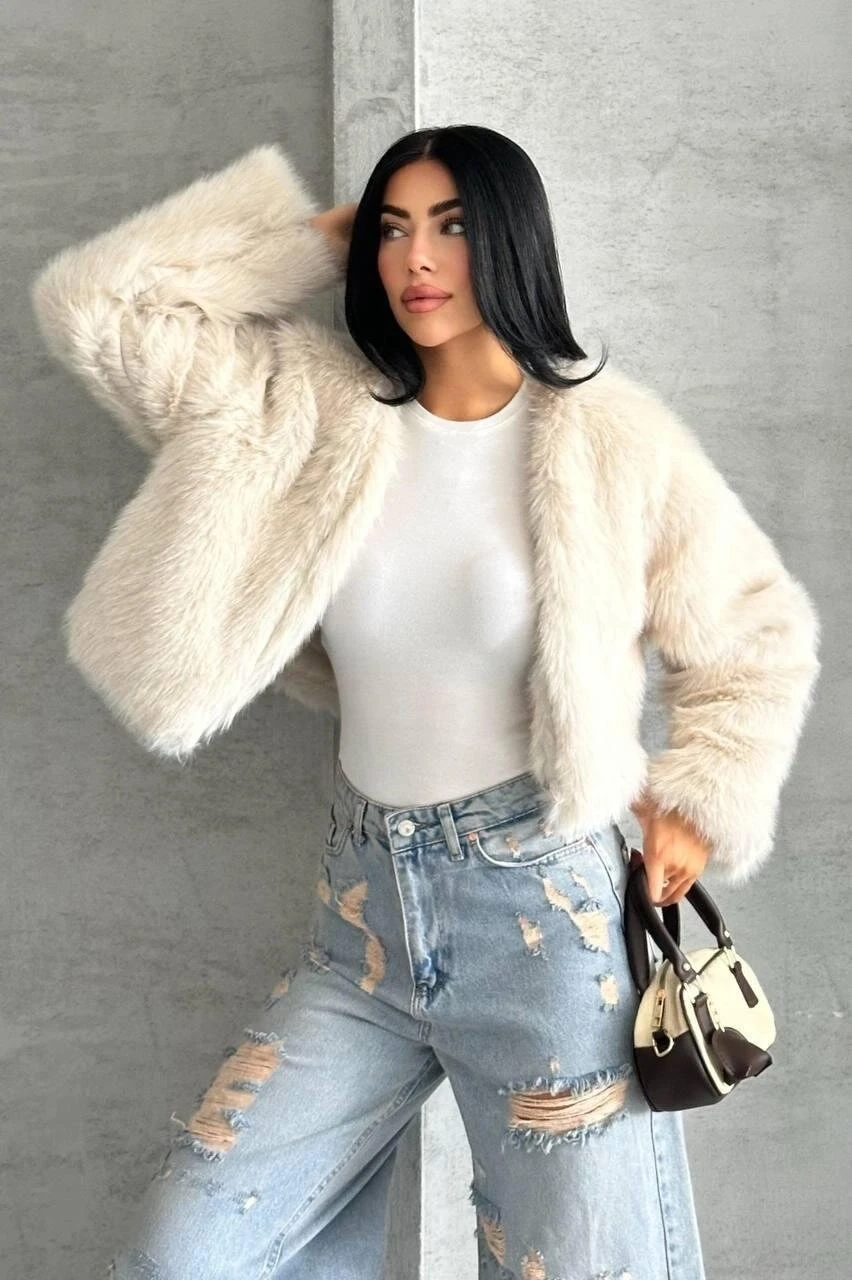 Crop Kürk Ceket Bej