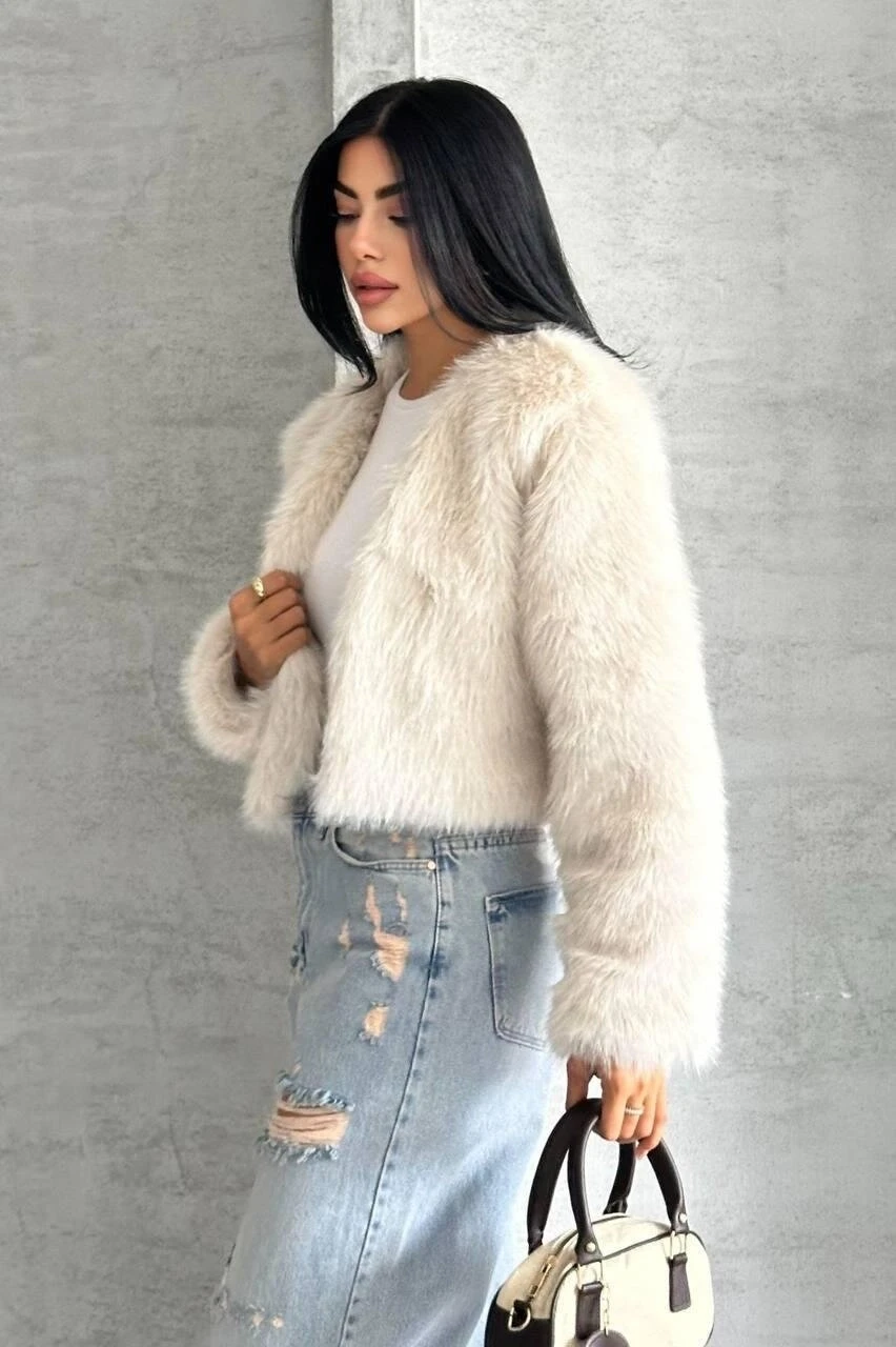 Crop Kürk Ceket Bej