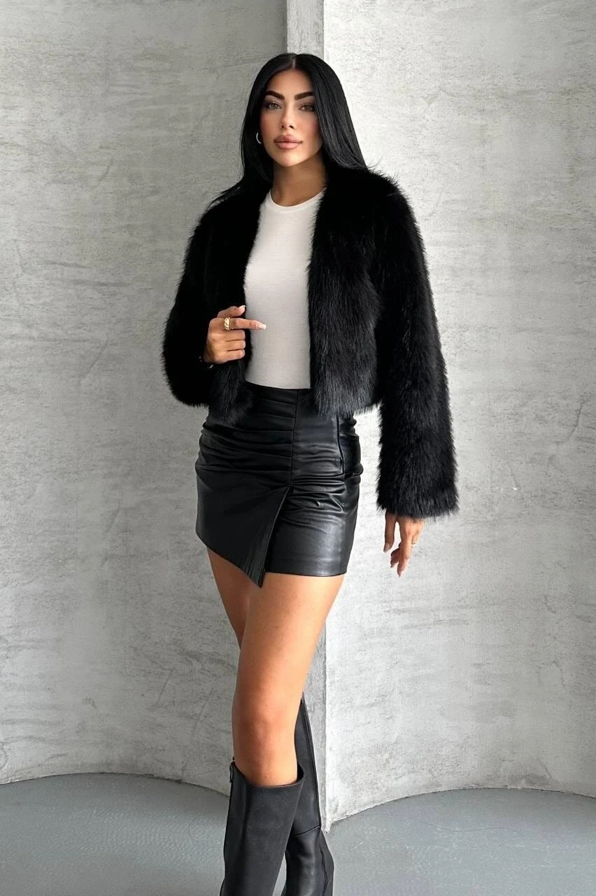 Crop Kürk Ceket Siyah