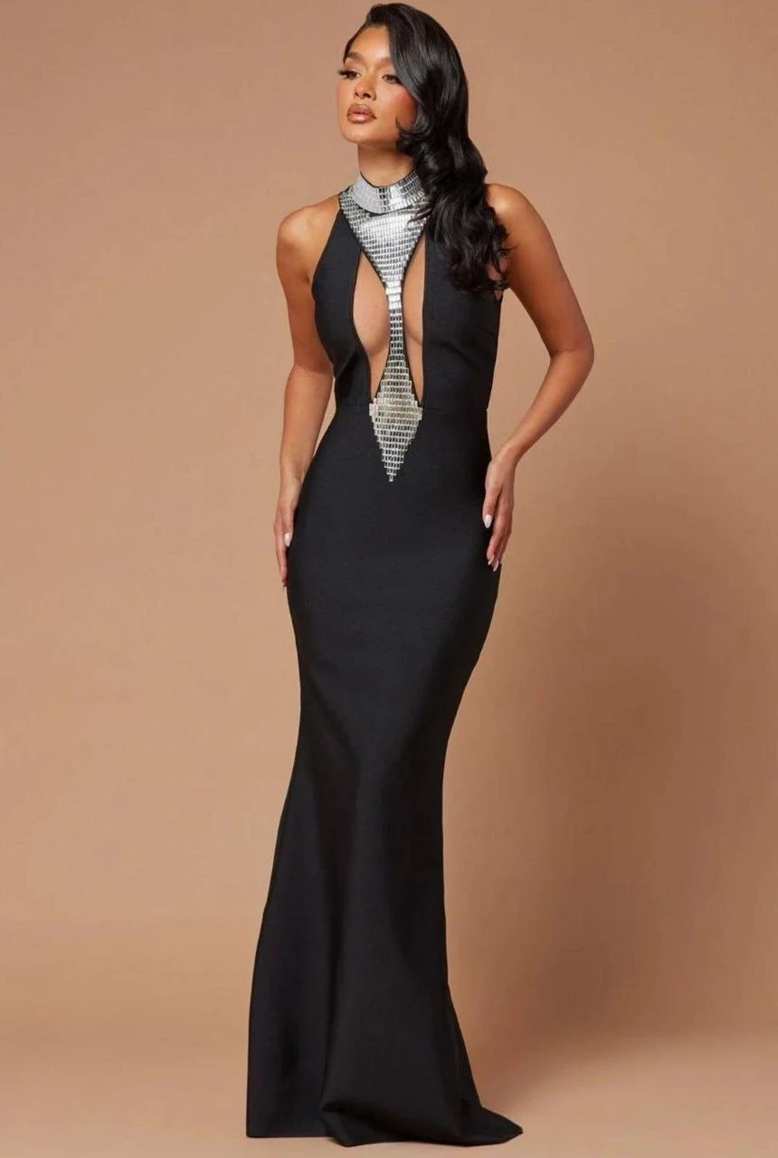 Dalgıç Kumaş Lazer Kesim Taş Detay Elbise