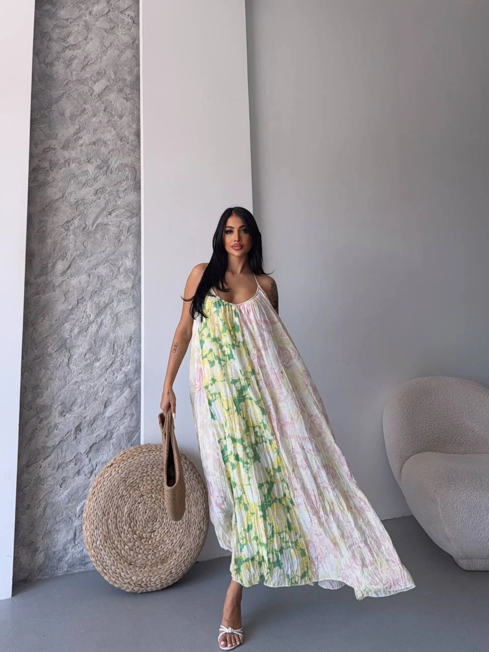 Desen Bloklu Askılı Elbise