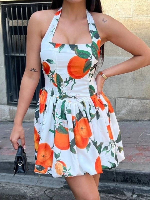 Desenli Balon Mini Elbise