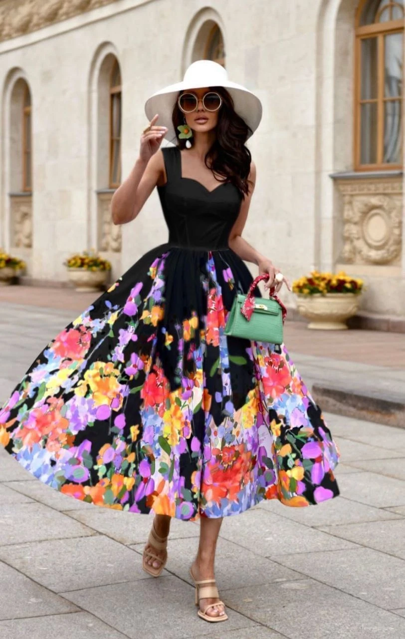 Desenli Klos Elbise Siyah