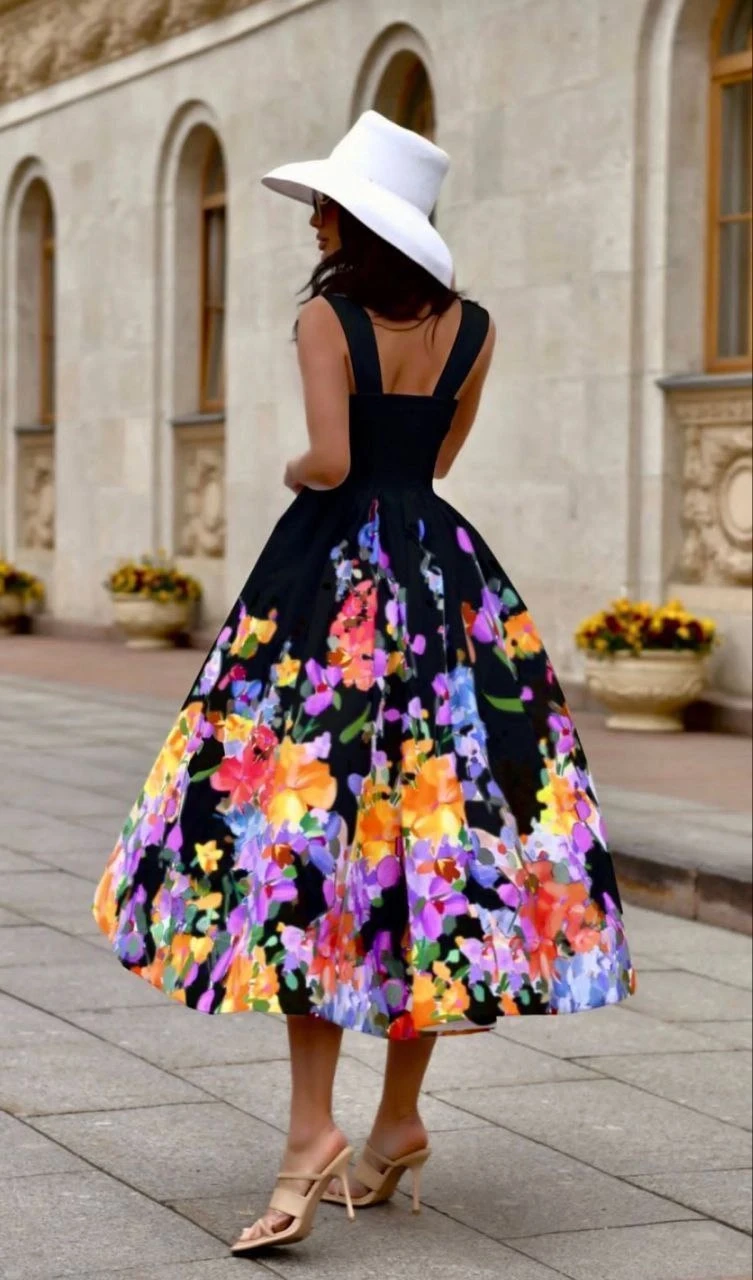 Desenli Klos Elbise Siyah