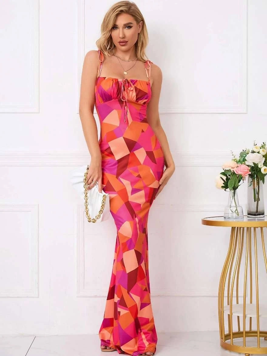 Dijital Baskı Likralı Drape Detay Maxi Elbise