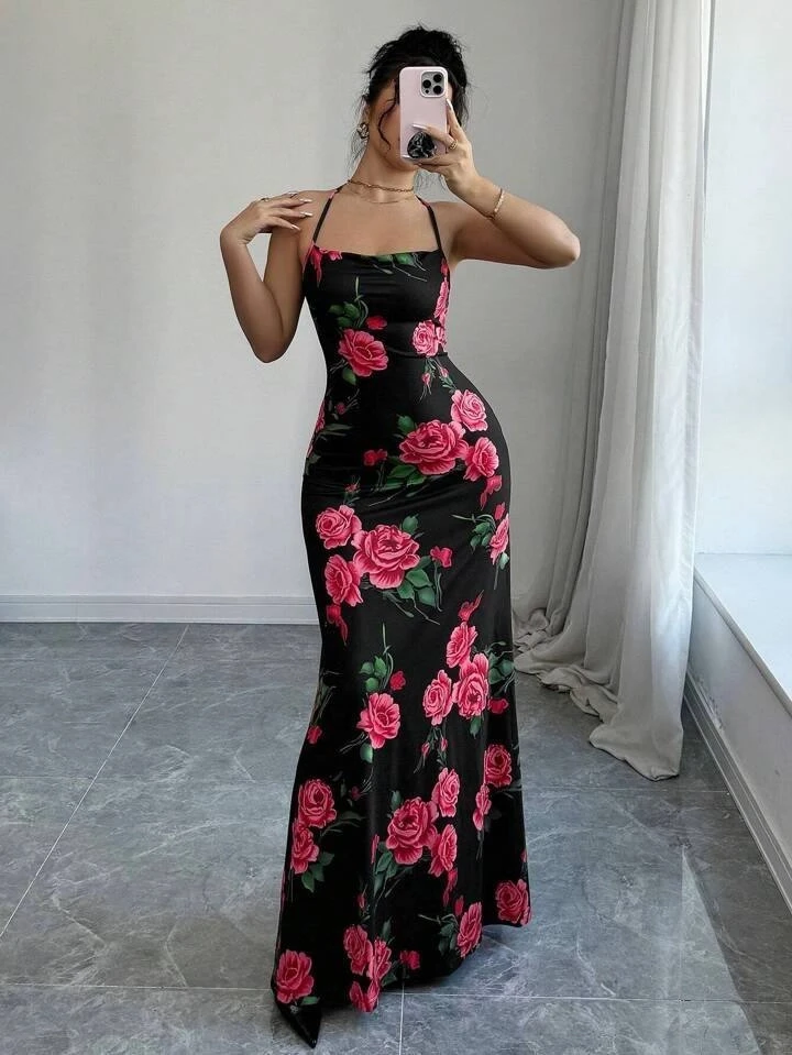 Dijital Baskı Sırt Detay Full Likra Maxi Elbise