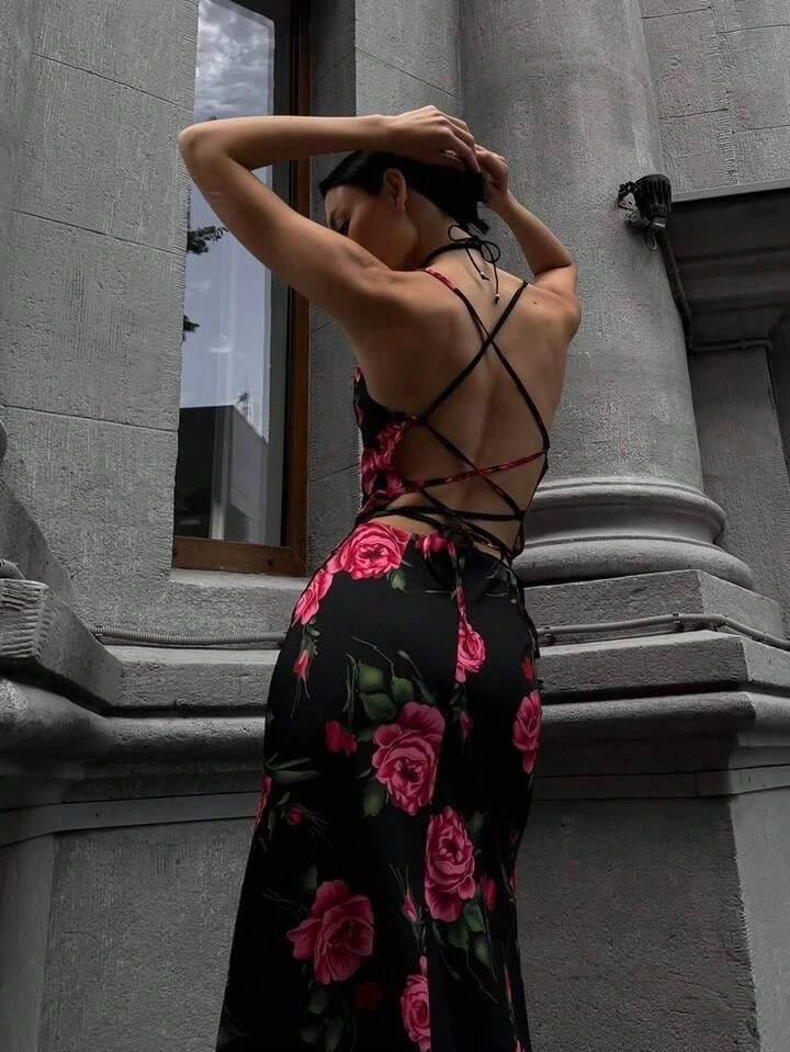 Dijital Baskı Sırt Detay Full Likra Maxi Elbise