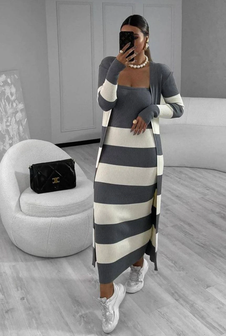 Elbise ve Hırka Çizgili Triko Takım