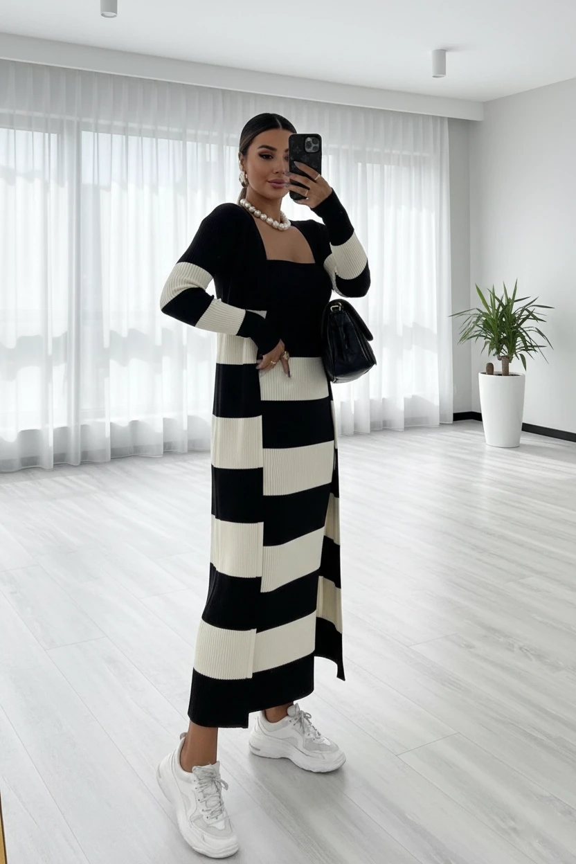 Elbise ve Hırka Çizgili Triko Takım