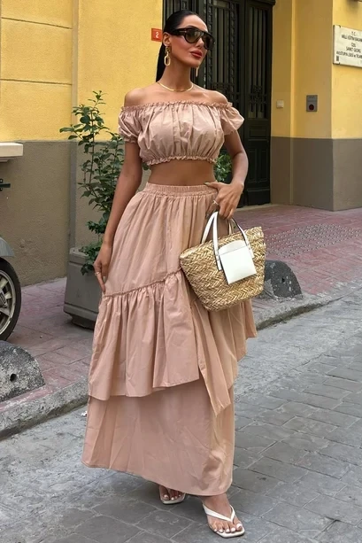 Etek ve Bluz Poplin Alt Üst Takım Bej