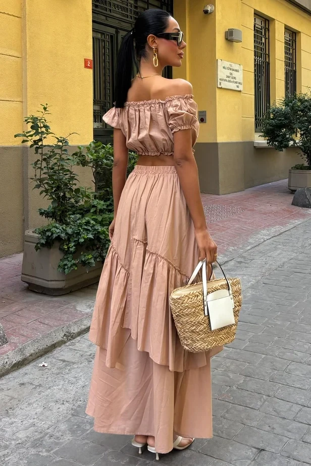 Etek ve Bluz Poplin Alt Üst Takım Bej