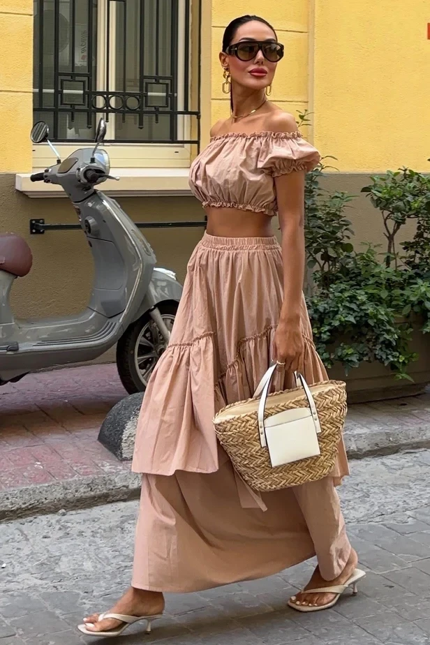 Etek ve Bluz Poplin Alt Üst Takım Bej