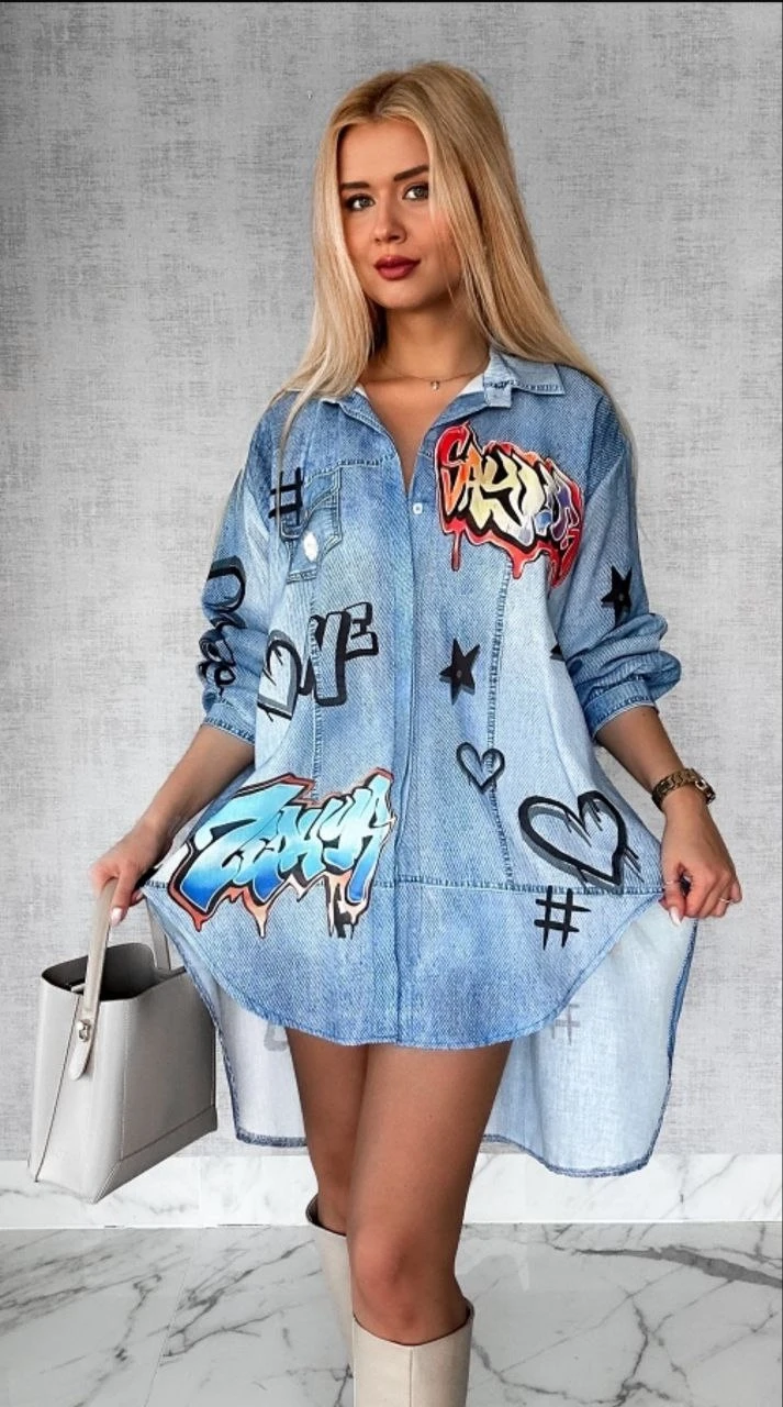 Frid@ Baskılı Jeans Efektli Tunik