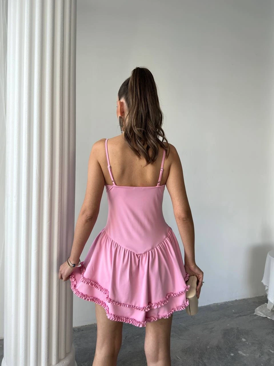 Gloplu Fırfır Detay Mini Elbise