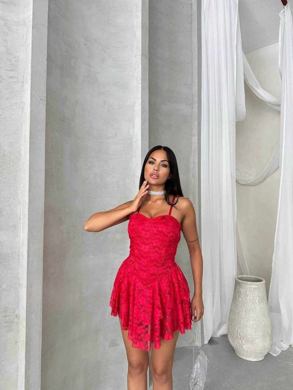 Gloplu İçi Şortlu Prenses Elbise Kırmızı