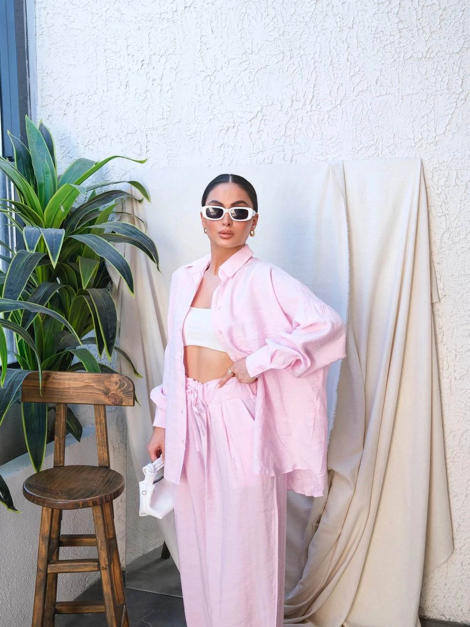 Gömlek Pantalon Modal Kumaş Takım Pudra