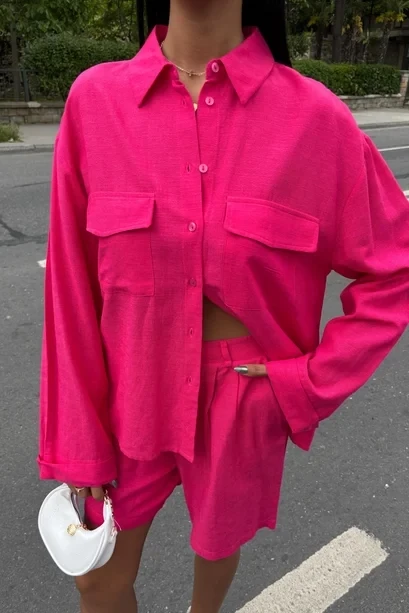 Gömlek Şort Flamlı Ketem Takım Pembe