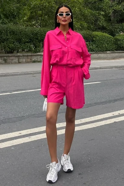 Gömlek Şort Flamlı Ketem Takım Pembe