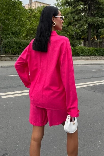 Gömlek Şort Flamlı Ketem Takım Pembe