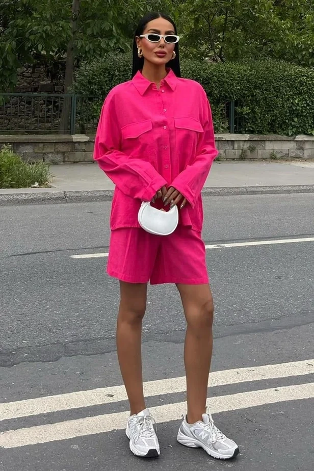 Gömlek Şort Flamlı Ketem Takım Pembe