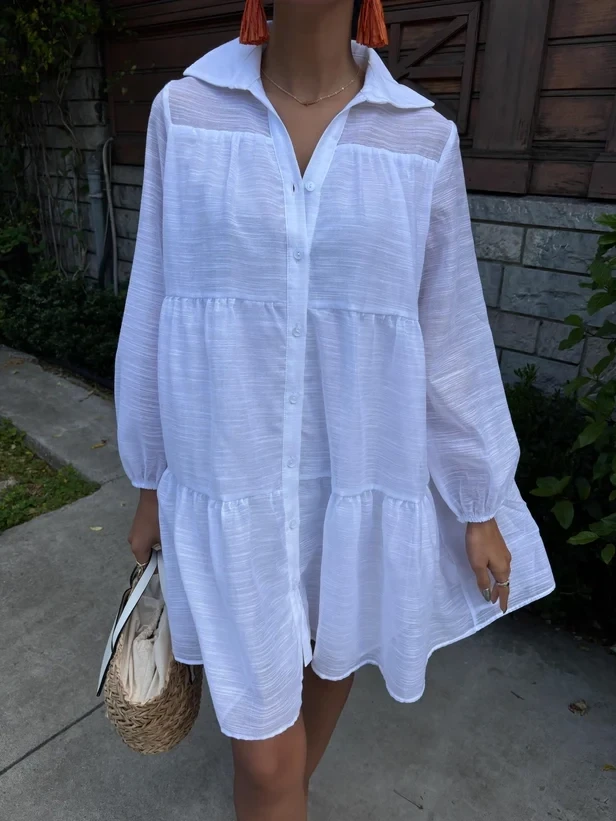 Gömlek Yaka Pileli Elbise Beyaz