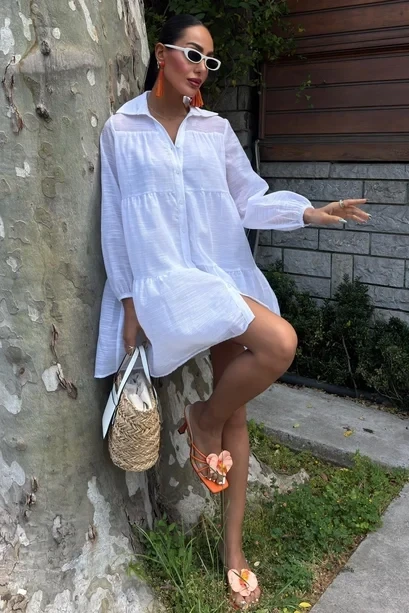 Gömlek Yaka Pileli Elbise Beyaz