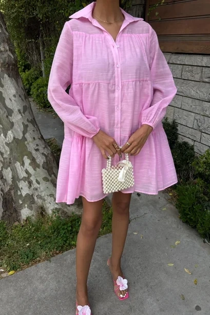 Gömlek Yaka Pileli Elbise Pembe