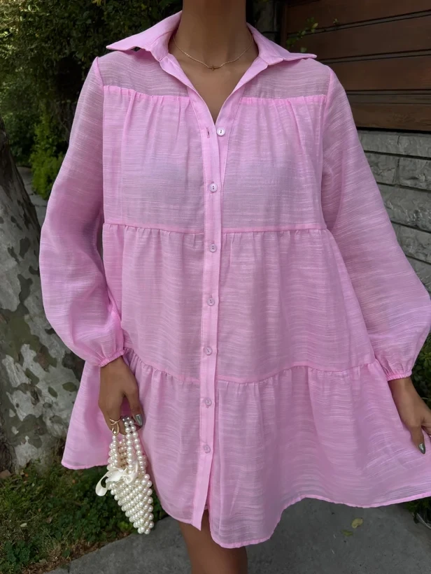 Gömlek Yaka Pileli Elbise Pembe