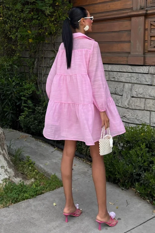 Gömlek Yaka Pileli Elbise Pembe