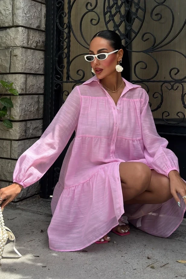 Gömlek Yaka Pileli Elbise Pembe