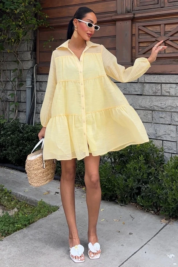 Gömlek Yaka Pileli Elbise Sarı