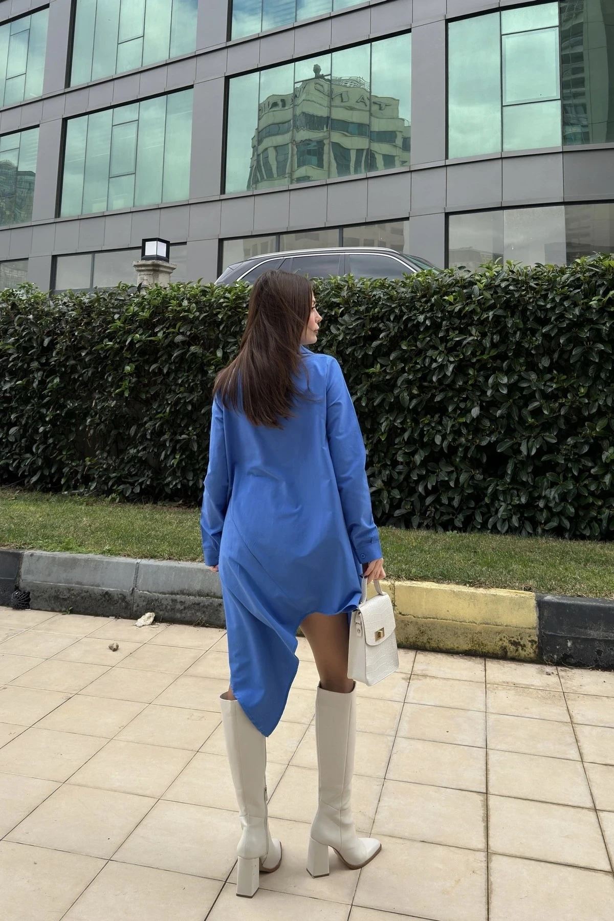 Gömlek Yakalı Asimetrik Tunik Mavi