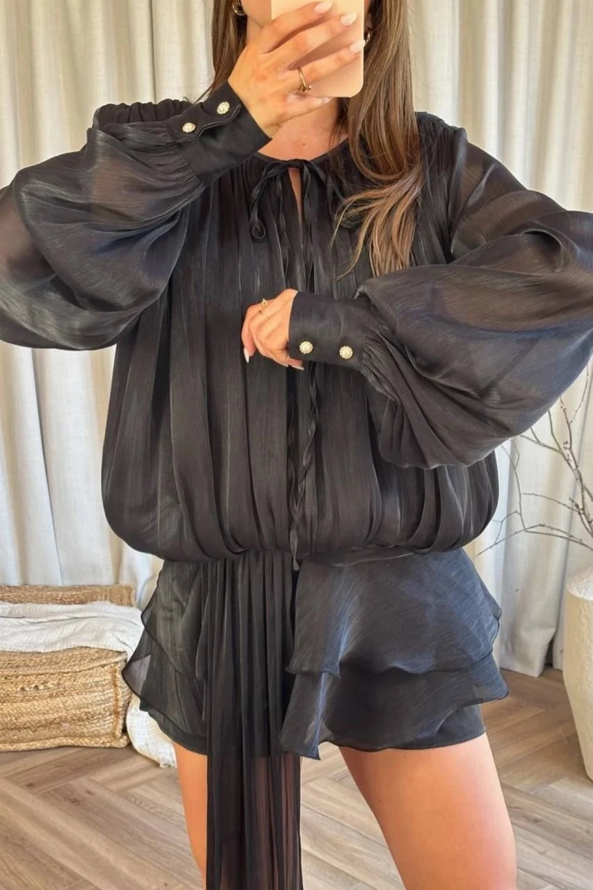 Işıltılı Dokulu Volanlı Mini Elbise Siyah