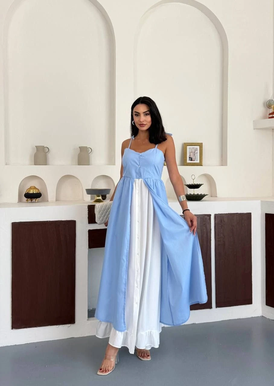 İthal Krep Kumaş Tasarım Elbise Mavi