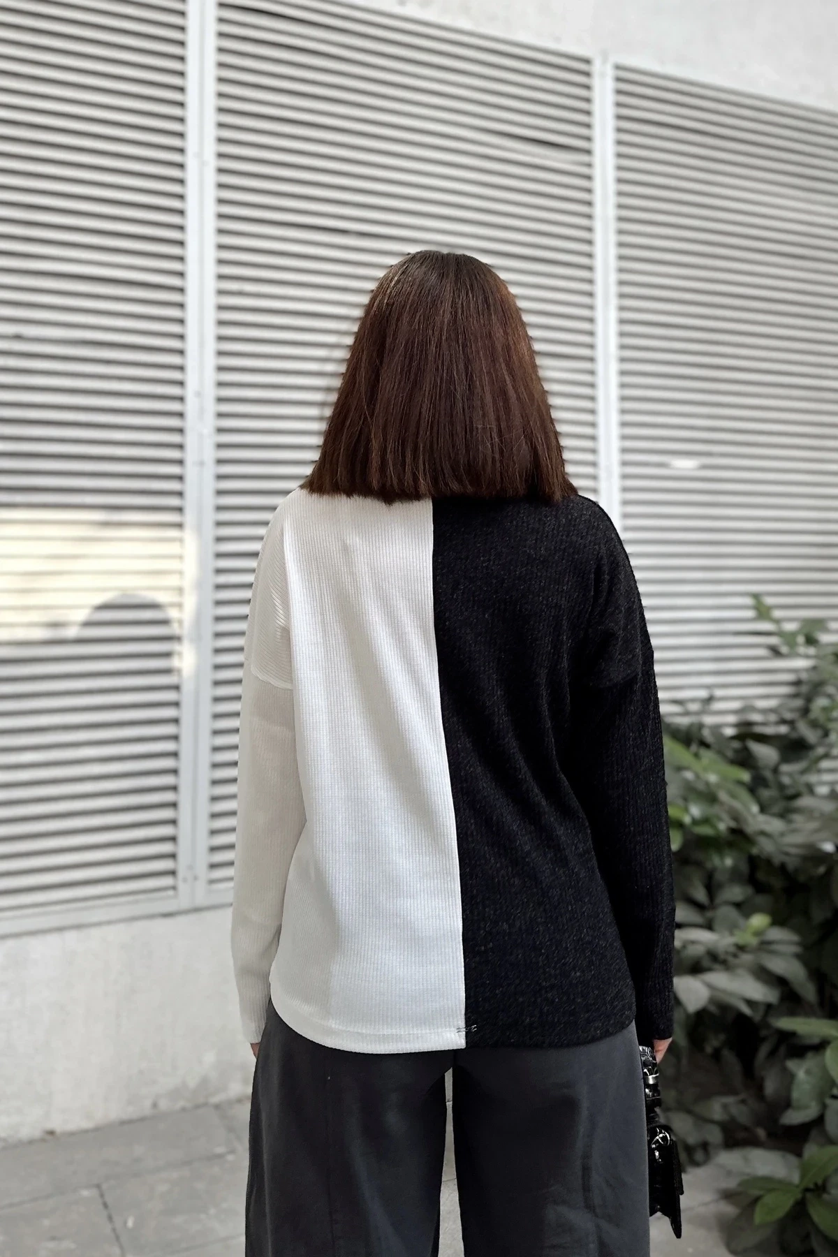 Kadın Antrasit & Ekru Günlük Stil V Yaka Kazak