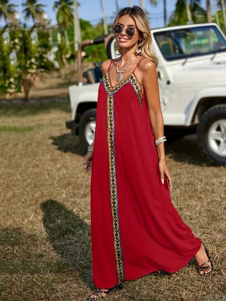 Askılı V Yakalı Etnik şerit Detaylı Uzun Viskon Elbise