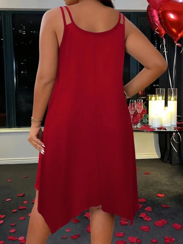 Askılı Yuvarlak Asimetrik Kesim Detaylı Viskon Elbise Bordo